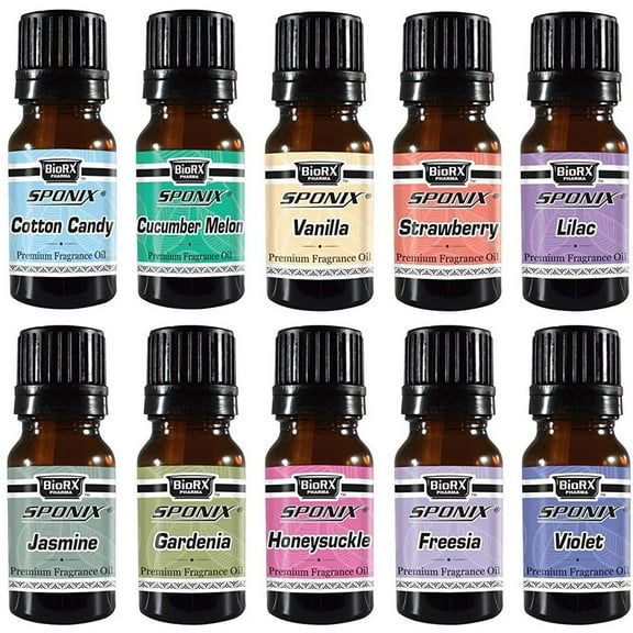 Fragrance Oil Gift Set of 10 Strawberry Cotton Candy Violet Vanilla Gardenia Lilac Jasmine Cucumber Melon Freesia Honeysuckle Aromatic Premium Grade Scented Perfume Oil 10 x 10 mL by Sponix