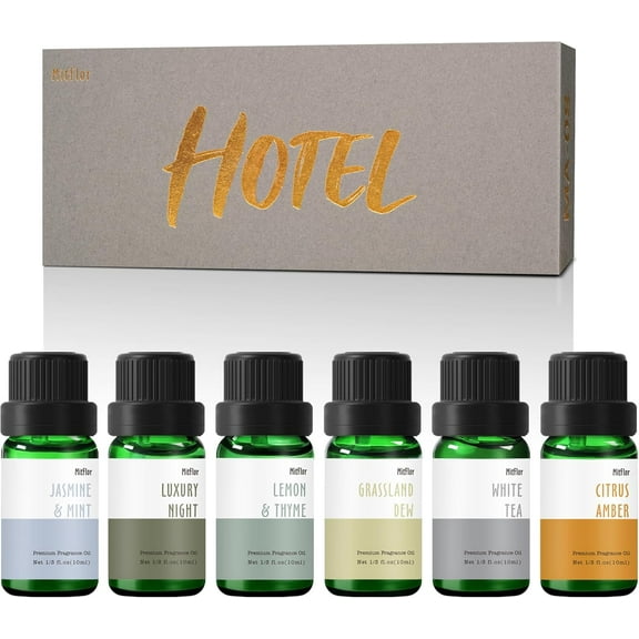 Hotel Fragrance Oils, Diffuser Oil Scents for Home, Office, Fragrance Oil for Candle Soap Making, Aromatherapy Essential Oils - 6x10ml, Lemon & Thyme, Luxury Night, White Tea and More