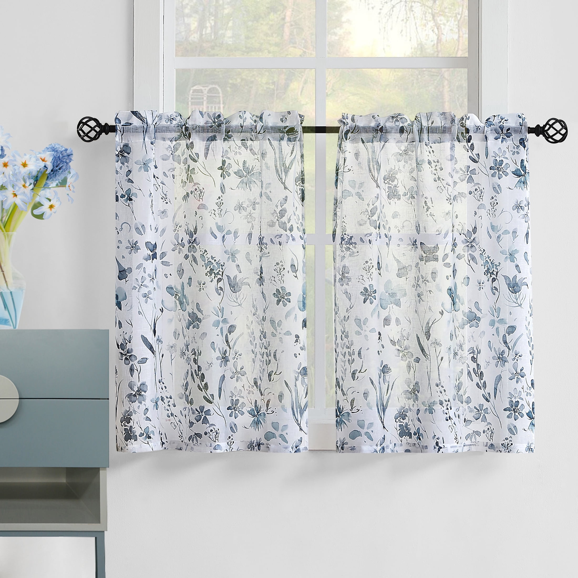 Renaiss 26 X 45 Inch Short Linen Curtains - Farmhouse Blue Floral Print, Back Tab & Rod Pocket, 2 Panels For Kitchen, Bathroom, Tier Curtains - View #7