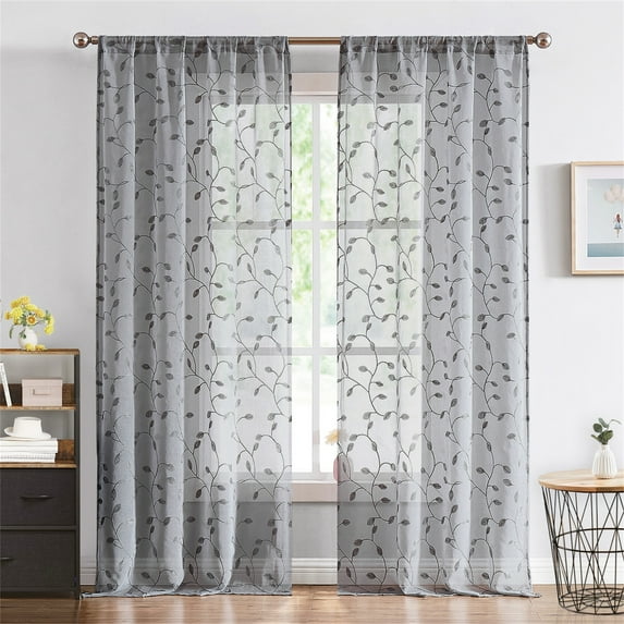 Fragrantex Botanical Embroidery Grey Sheer Curtains for Bedroom 84 inches Length 2 Panels Window Drapes with Floral Leaf for Living Room/Bedroom Rod Pocket 1 Pair,W38xL84x2