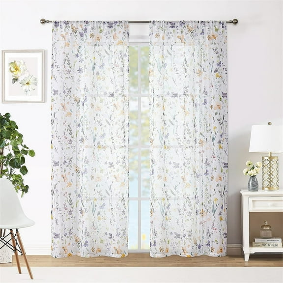 Fragrantex Traditional Purple Floral Rod Pocket Sheer Curtains, 40" x 95" (2 Panels)