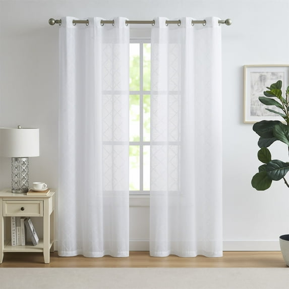 Fragrantex Embroidered Semi Sheer Cream Curtains 63 Inches Long 2 Panels Set, Linen Light Filtering Window Drapes for Bedroom, Grommet Linen Curtains for Living Room, 38" Wx63 L White