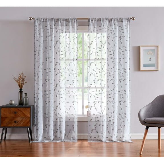 Fragrantex Embroidered Sheer Curtains Dark Grey 95 Inch Length for Living Room/Bedroom Floral Botanical Leaf Window Drape Rod Pocket Linen Sheer 2 Panels,W38xL95