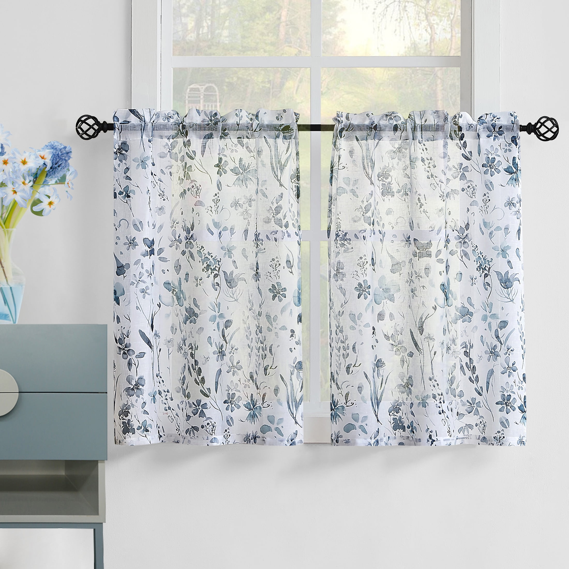Fragrantex Floral Print Blue Kitchen Curtains 36