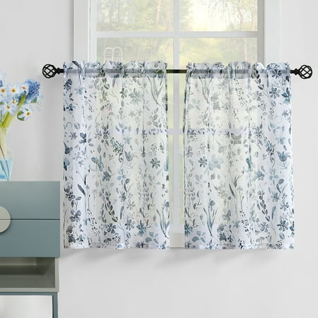 Fragrantex Floral Print Blue Kitchen Curtains 36"L Sets for Small Window,2 Panels,Rod Pocket