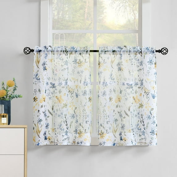 Fragrantex Floral Window Tier Curtains 36 Inch Length Flower Kitchen Curtains Yellow and Gray Watercolor Bathroom Short Curtains 28"Wx36"L 2 Panels,Rod Pocket