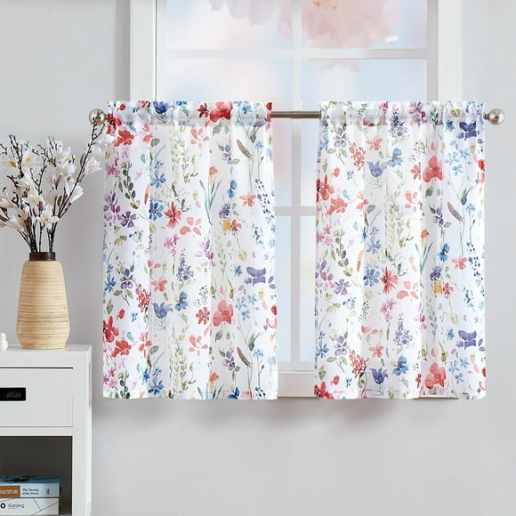 Fragrantex Print Flower Red Kitchen Curtains 45 inch Length Multi-Color Linen Texture,Small Window Curtains Floral Sheer Tiers Curtains 2 Panels Rod Pocket 28"Wx45"L