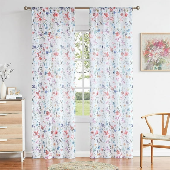Fragrantex Red Floral Sheer Curtains 96 inches Long for Bedroom,Colorful Window Curtains Multi Flower Living Room Panels,Rod Pocket 40"Wx95"L