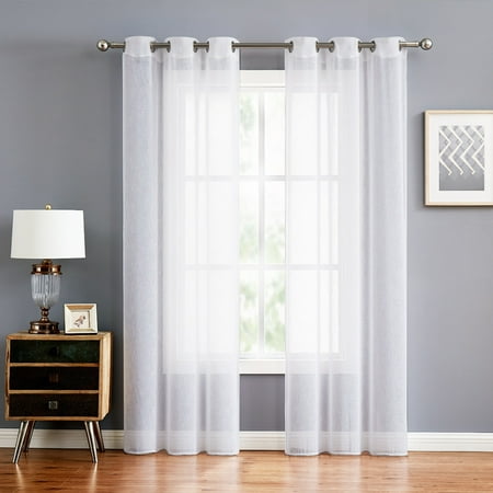 Fragrantex Semi Sheer Curtains for Living Room - 40"Wx84"L, White Faux Linen, Grommet Top, 2 Panels Set