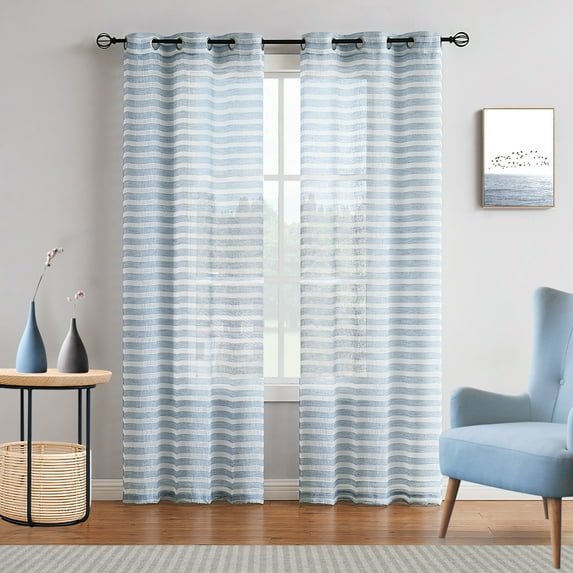 Fragrantex Striped Sheer Long Curtains for Living Room/Patio Linen Horizontal Blue Stripe Curtains Voile Grommet Top 40"Wx95"L,2 Panels