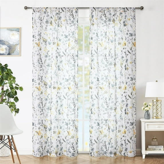 Fragrantex Vintage Yellow Grey Floral Nature Rod Pocket Sheer Kitchen Curtains, 40" x 84" (2 Panels)