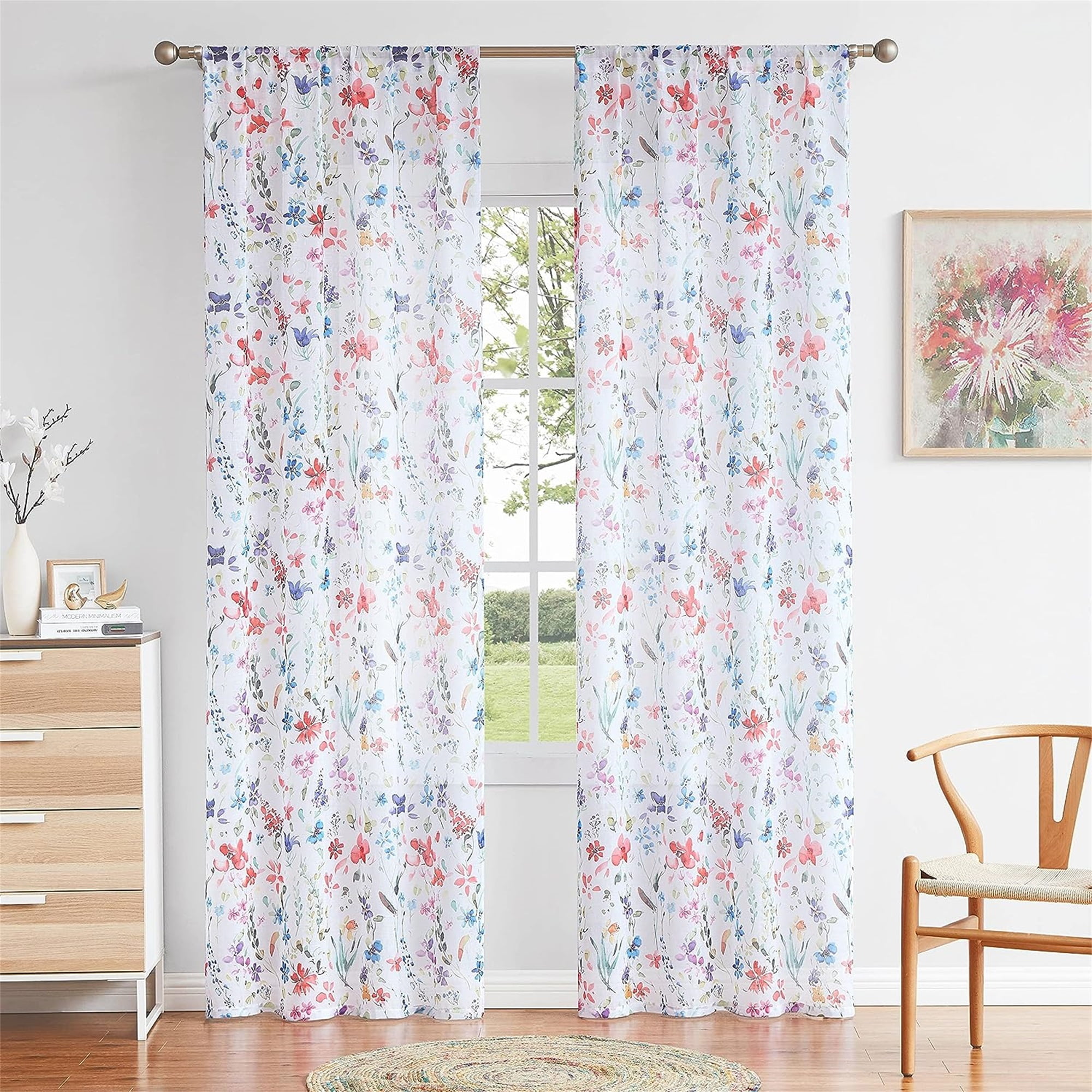 Fragrantex Watercolor Floral Sheer Curtains for Living Room 84 inch Long,Botanical Print Multi Flower Sheer Window Panels Rod Pocket 40"Wx84"L