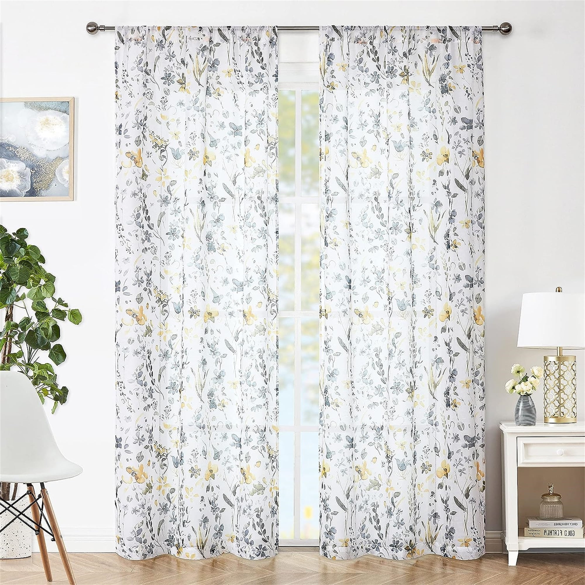 Fragrantex Yellow Sheer Floral Curtains 63 inch Length Yellow and Grey Flower Living Room Curtains,Rod Pocket,2 Panels