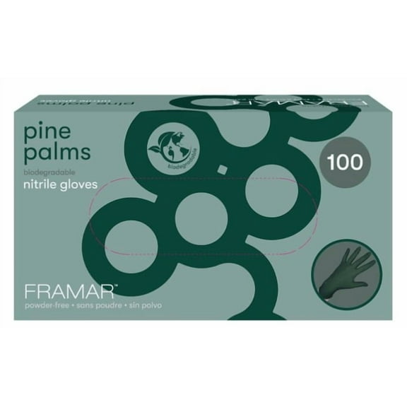 Framar Pine Palms Nitrile Gloves Small 100-Count Biodegradable Green Disposable Gloves for Hair Color, Salon & Household Use