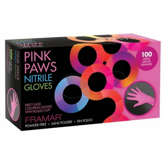 Framar Pink Paws Nitrile Gloves Large 100 Count Powder-Free First-Class Salon Gloves with Roll Cuff
