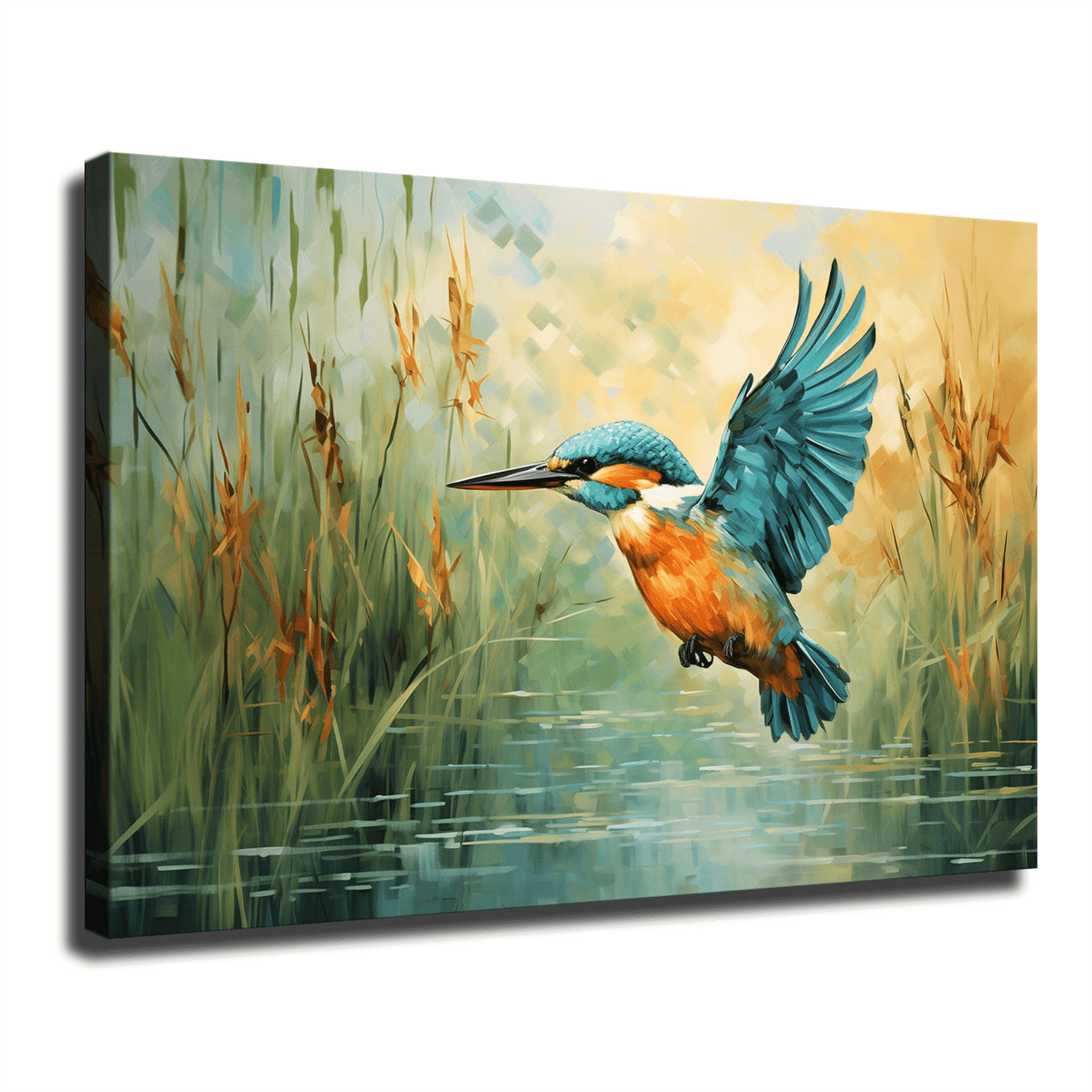 Frame Beautiful Kingfisher Flying Water Oil Painting Style Poster Canvas Painting Wall Art Modern Home Bedroom Office Aesthetic Decoration - Stretched and Framed Ready To Hang - Framed