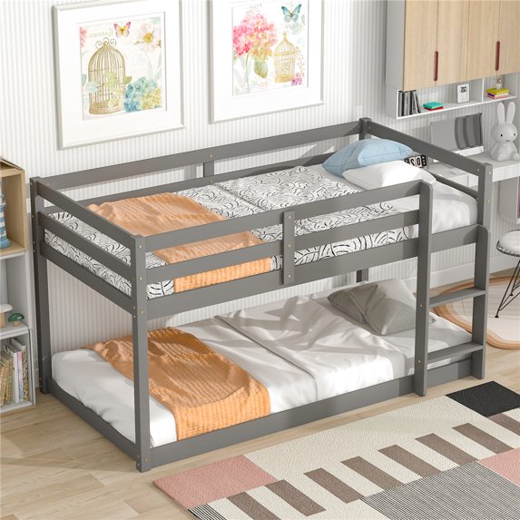 Frame Bed with Ladder and Safety Guardrail, Twin Over Twin Frame Bed with Headboard and Footboard for Teens Adults, Space-Saving Bed, No Box Spring Needed, Weight Capacity 200 lbs, Black
