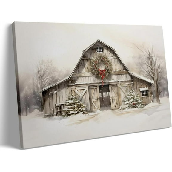 Frame Canvas Art Printing Christmas Farmhouse Winter Canvas Print Wall Art Wonderland Landscape Wall Painting for Outdoor Holiday Country Barn Decorated Christmas