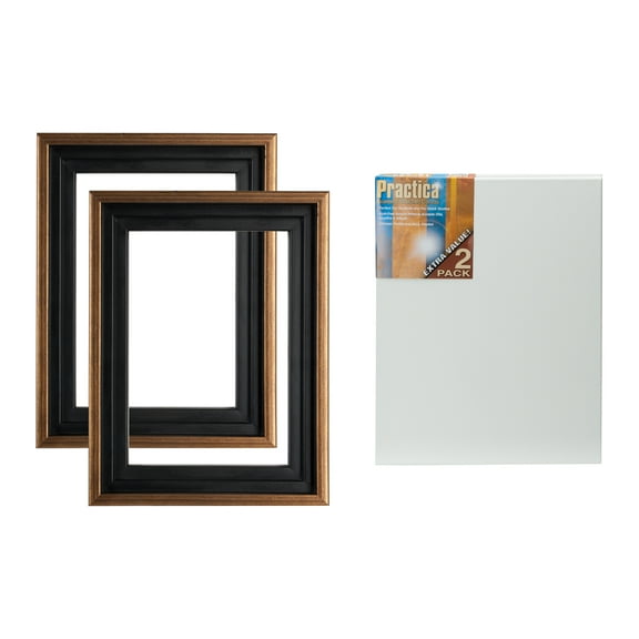 Frame and Canvas Value Set Canvas Frame and Stretched Canvas Bundle 4-Piece Set - 2 Frames & 2 Blank Canvases - [Antique Gold w/ Antique Gold Sides - 16x20]