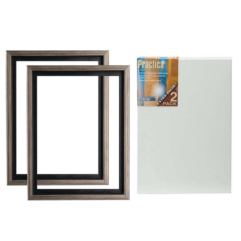 Frame and Canvas Value Set Canvas Frame and Stretched Canvas Bundle 4-Piece  Set - 2 Frames & 2 Blank Canvases - [Antique Silver w/ Antique Silver Sides  - 11x14] 
