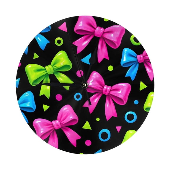 No Frame No Glass Cover Round Wall Clock 9.84in With Tripod For Office Kitchen Living Room Guest Room Dining Room Bedroom Bold Neon Contemporary Ribbon Bow Pattern