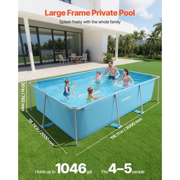 Frame Above Ground Swimming Pool,118x78x30 in Rectangular Steel Metal Frame,Large Rectangle Outdoor Backyard Family Pool,Easy to Assemble Rust-Resistant,1046 Gallon Water Capacity,Blue
