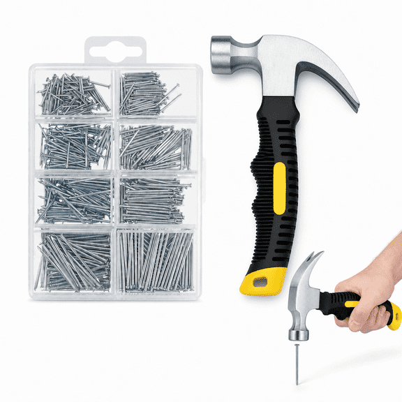 Frame Hanging Kit,Hammer And Nails Set, Picture Hanging Tool, 600 Pack Multi Size Galvanized Nails with 8oz Mini Claw Hammer Portable Storage Box for Wall Art Frame Hanging DIY Household Repair