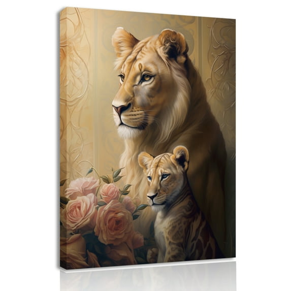 Frame Lion and Lioness Wall Art Pink Rose Flower Picture Lion Animal Painting Artwork for Living Room Bedroom Home Office Wall Decor