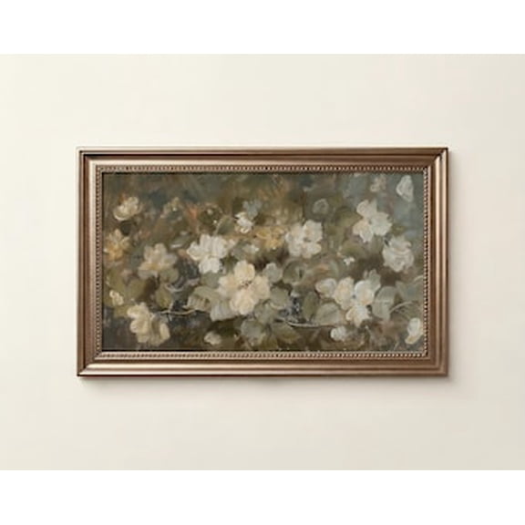 Frame Tv Art Spring Floral Painting White Moody Flowers Tv Screensaver Neutral Sage Green Tv Background Print Poster , Poster Print Only