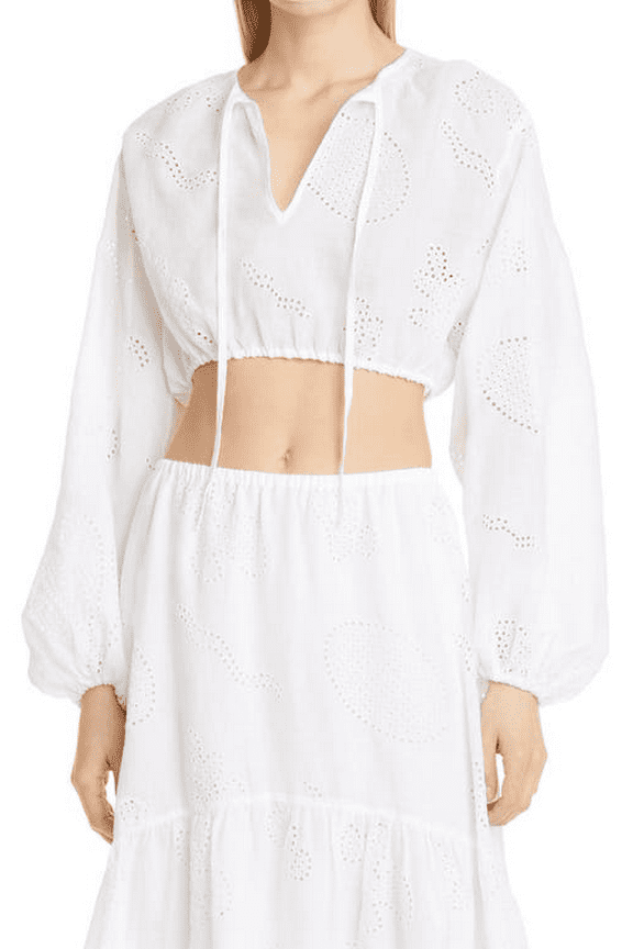 WHITE Women's Eyelet Blouson Sleeve Organic Linen Crop Top, US X-Small