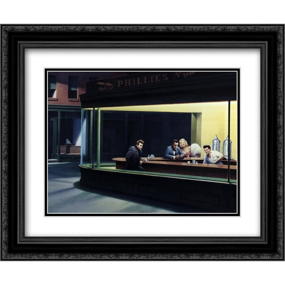 FrameToWall - Nighthawks: James Dean, Marilyn Monroe, Elvis Presley 2x Matted 16x13 Black Ornate Framed Art Print by Gottlieb Helnwein