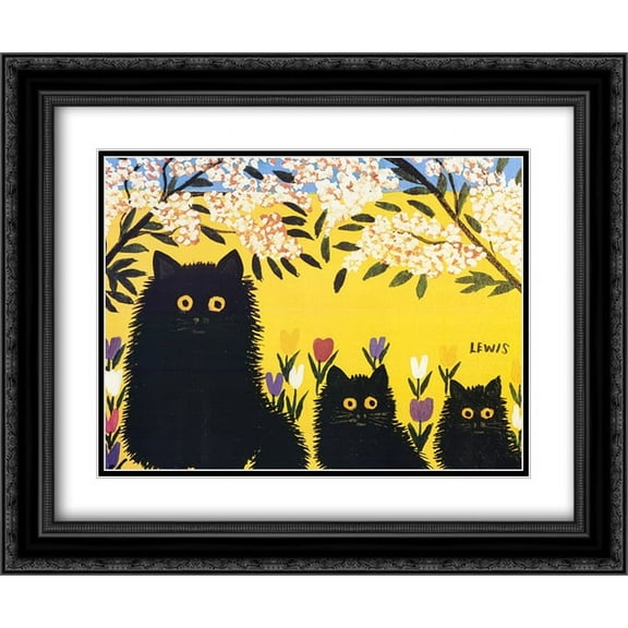 FrameToWall - Three Black Cats 2x Matted 22x18 Black Ornate Framed Art Print by Maud Lewis