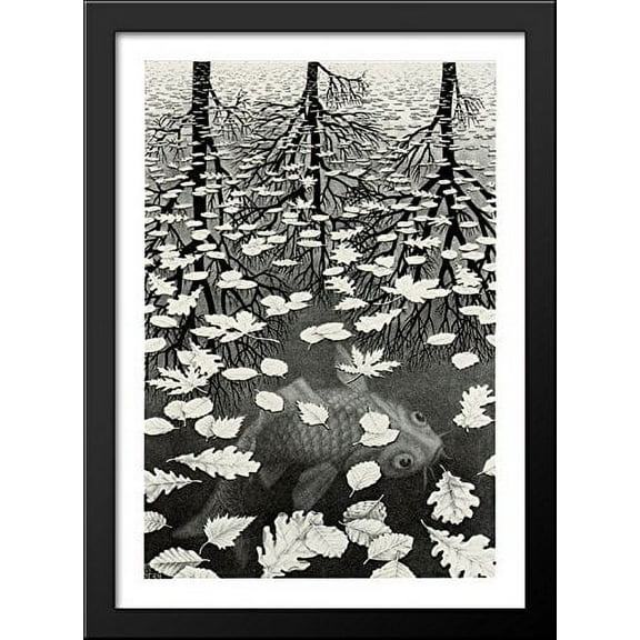 FrameToWall - Three Worlds 28x40 Large Black Wood Framed Print Art by M.C. Escher