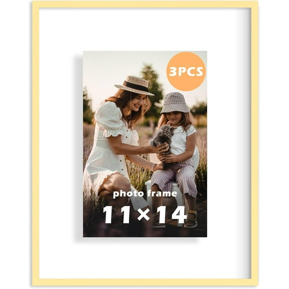 FrameWorks 11”x14” (3-Pack) Deluxe Brass Gold Aluminum Contemporary Style Floating Picture Frame with Tempered Glass