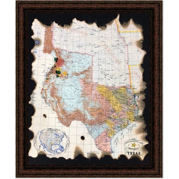 Framed 1845 Republic Of Texas Map - Torn Edges - 30X36"