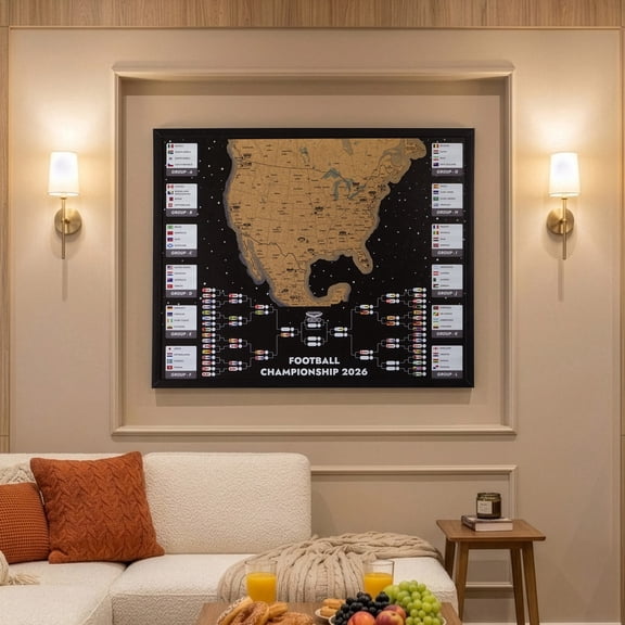 Framed 2026 World Cup Cork Map with Interactive Tournament Bracket