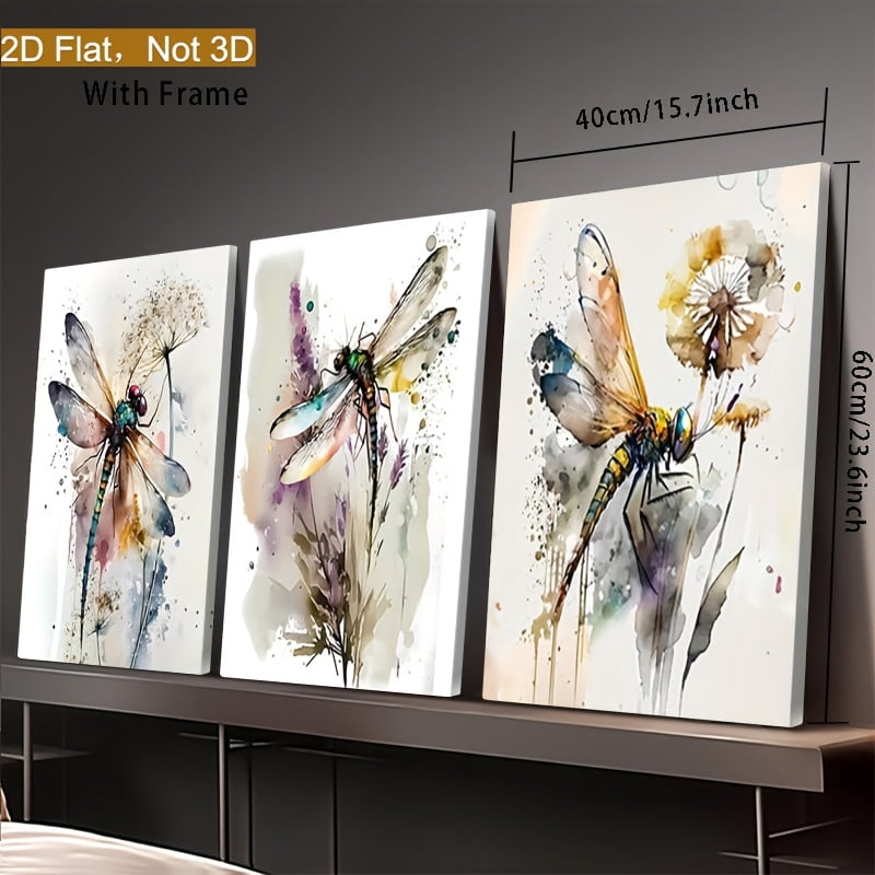 Framed 2D Flat Wall Art Featuring Three Colorful Dragonflies, Insect Prints, Watercolor Dragonfly Paintings, And Floral Images, Perfect for Decorating Bathroom And Living Room Walls