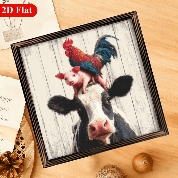 Framed 2D Print Measuring 12 Inches by 12 Inches Featuring Charming Farm Animals (Rooster, Pig, Cow) Set Against a Rustic Wooden Backdrop an