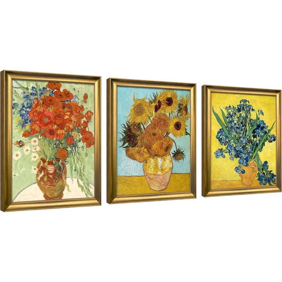 Framed 3 Panels Wall Art of Vincent Van Gogh Paintings Red Poppies and Daisies Sunflower Irises in Vase Canvas Prints for Wall and Home Decorations Bronze Gold Frame