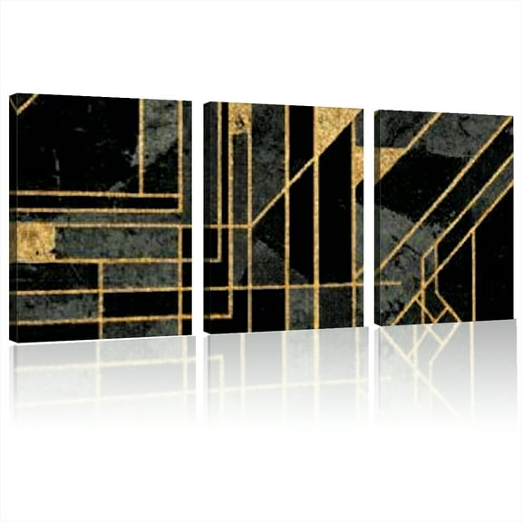Framed 3 Piece Modern Art Prints Abstract Geometric Rectangle Canvas Painting Color Block Wall Art Poster Print Stone Pattern Picture Geometric Figure Black Golden12*16inch*3pcs