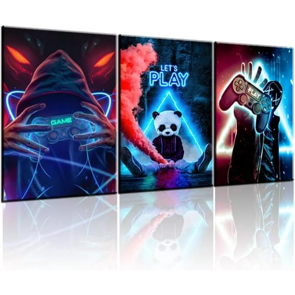 Framed 3Pcs Game Room Decor Wall Art Colorful Video Game Controller Headphones Themed Poster Neon Print Picture Kids Teen Console Boys Bedroom Home 16 x 24 Inch Ready to Hang