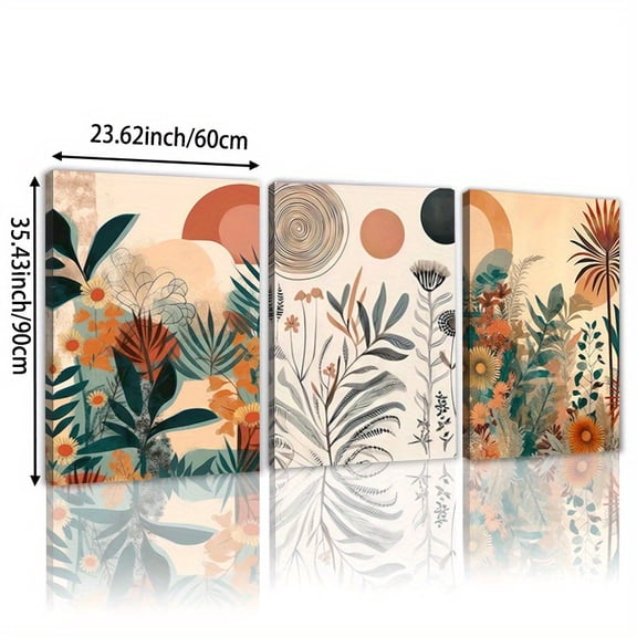 Framed 3pcs Floral Wall Art Bohemian Floral Canvas Poster Mid-Century Modern Canvas Painting Neutral Simple Painting Modern Artwork Ideal Gift for Bedroom Living Room Corridor Home Decoration