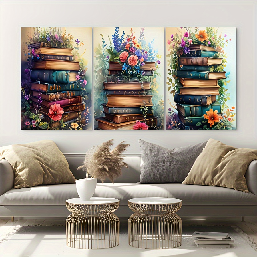 Framed 3pcs Flowers and Books Art Canvas Painting Contemporary