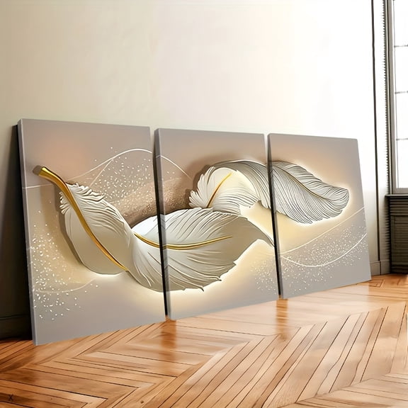 Framed, 3pcs modern light luxury abstract feather art, framed canvas paintings and posters, ready to hang, home decor wall art, room decoration, HD prints, holiday gifts for living room, bedroom