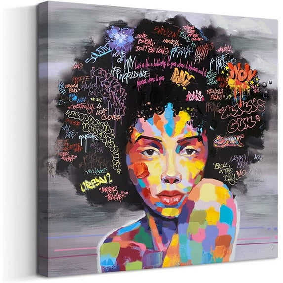 Framed Abstract Pop Black Art African American Wall Art Afro Woman Painting on Canvas Print Wall Picture for Living Room Bedroom Wall Decor 