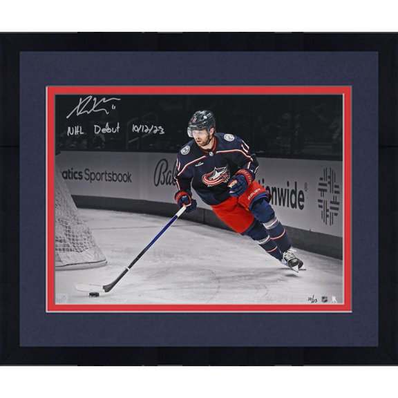 Framed Adam Fantilli Columbus Blue Jackets Autographed 16" x 20" NHL Debut Spotlight Photograph with "NHL Debut 10-12-23" Inscription - Limited Edition of 23 - Fanatics Authentic Certified