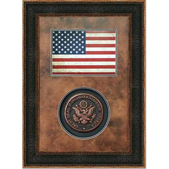Framed American Flag with American Seal Shadowbox | Real Cotton Cloth Embroidered Flag | 37L X 27W" Inches