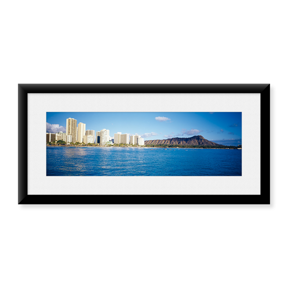 Framed Art Print, Buildings at the waterfront with a volcanic mounta by Panoramic Images, 25-7/8" x 9-7/8"