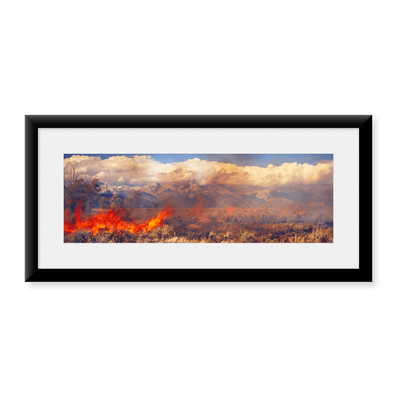 Framed Art Print, Burning trees in a forest with mountain range in t by Panoramic Images, 25-7/8" x 9-7/8"
