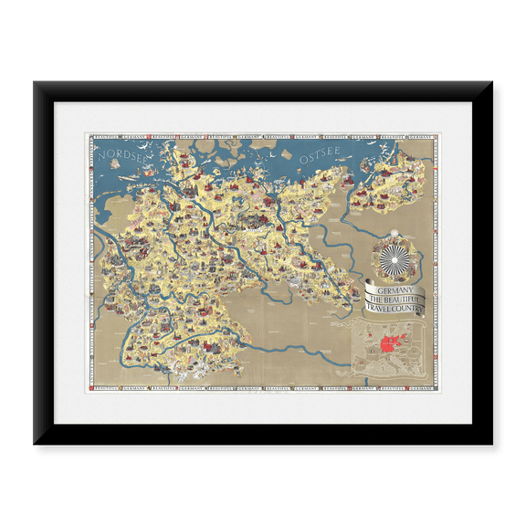 Framed Art Print, Germany The Beautiful Travel Country Vintage Map by Vintage Travel Poster, 17-7/8" x 21-7/8"